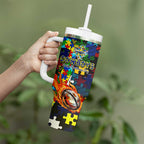 Cowboys Autism Awareness Tumbler With Handle Puzzle Flames Rugby Ball
