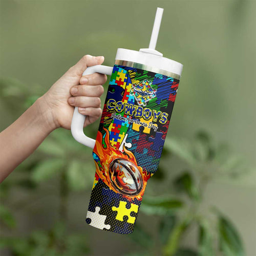 Cowboys Autism Awareness Tumbler With Handle Puzzle Flames Rugby Ball