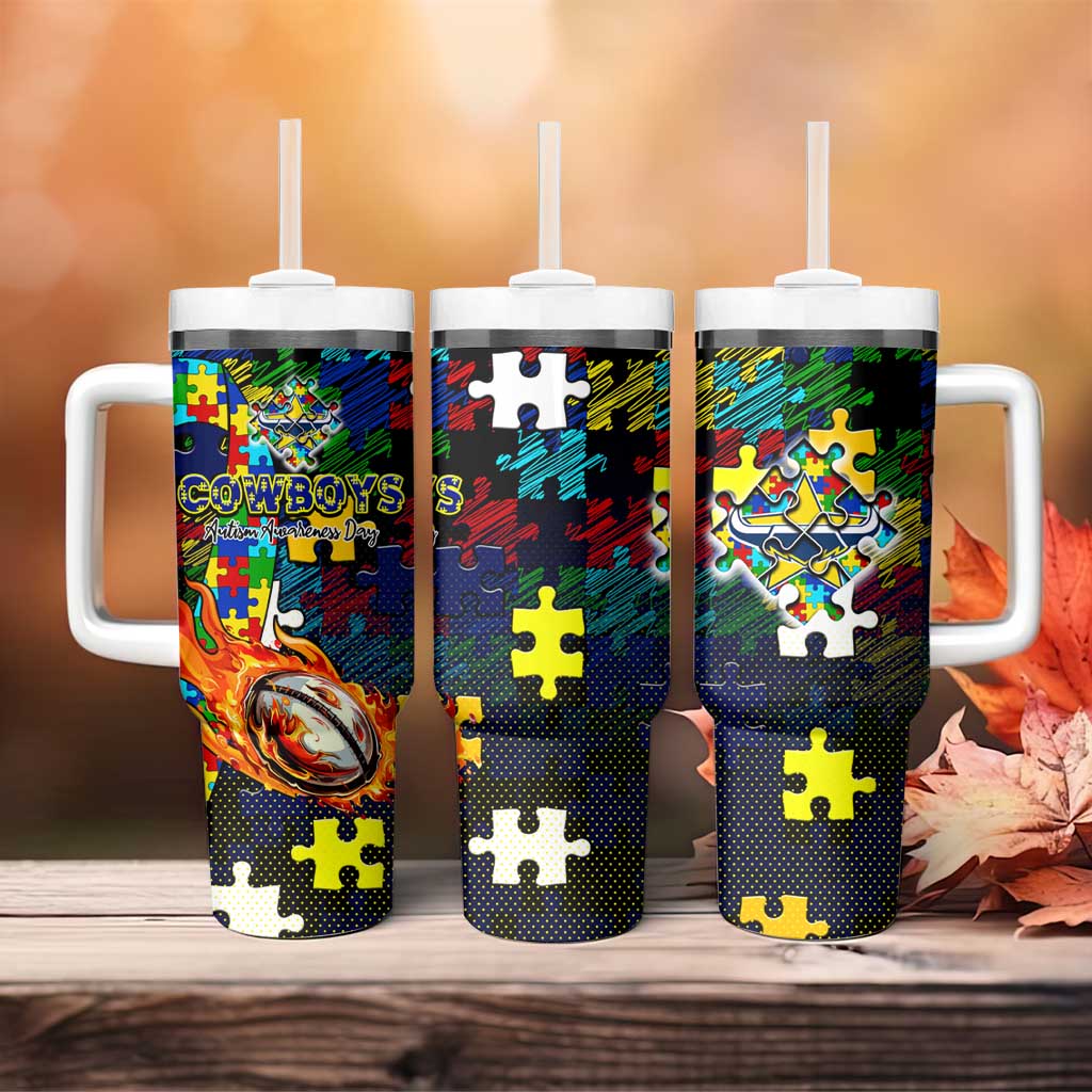 Cowboys Autism Awareness Tumbler With Handle Puzzle Flames Rugby Ball