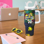 Cowboys Autism Awareness Tumbler With Handle Puzzle Flames Rugby Ball