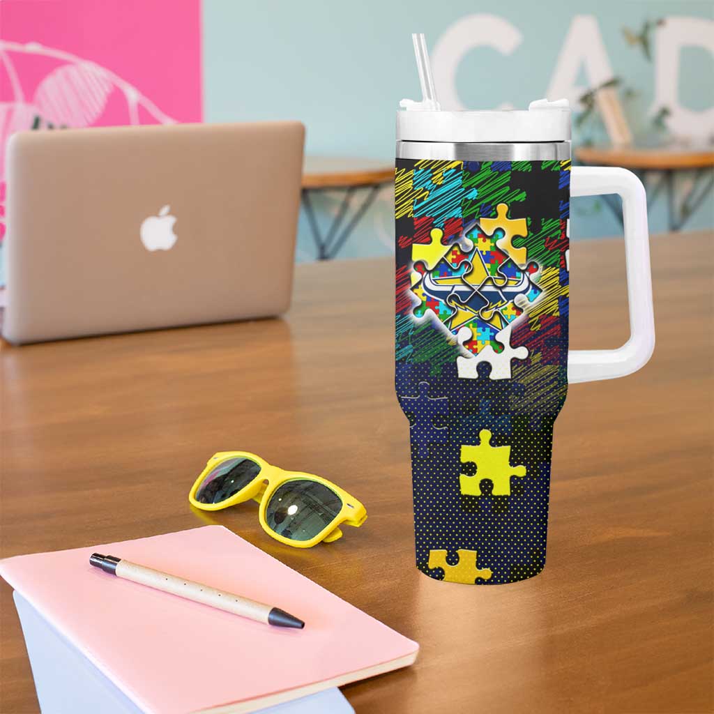 Cowboys Autism Awareness Tumbler With Handle Puzzle Flames Rugby Ball