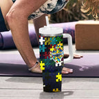 Cowboys Autism Awareness Tumbler With Handle Puzzle Flames Rugby Ball