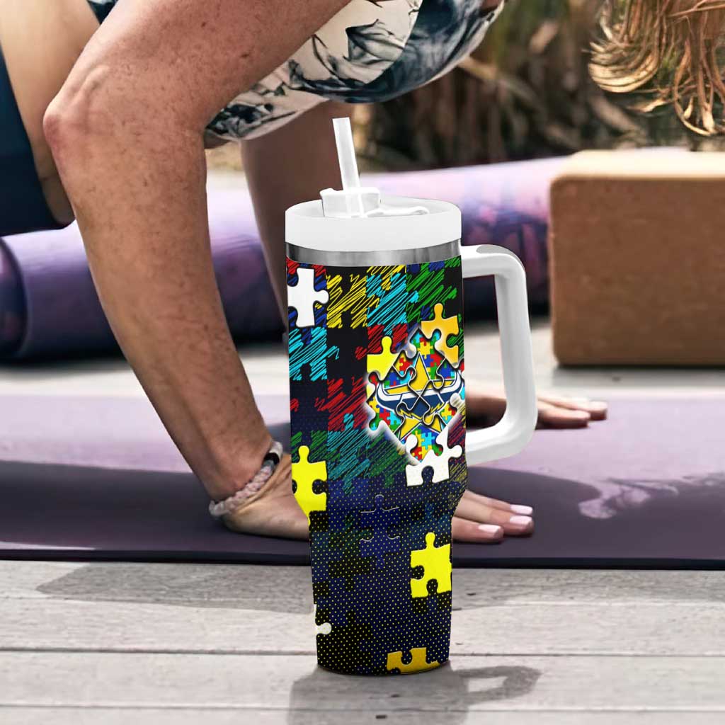 Cowboys Autism Awareness Tumbler With Handle Puzzle Flames Rugby Ball