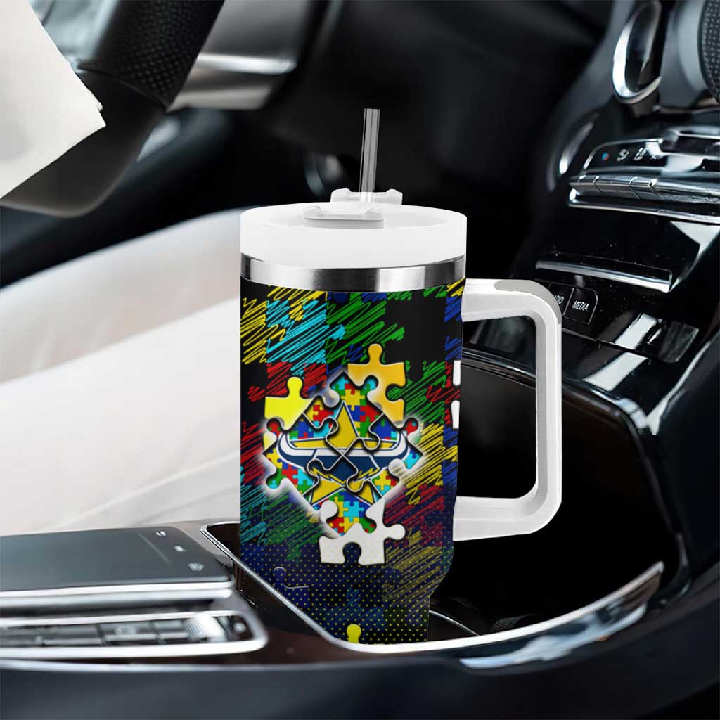 Cowboys Autism Awareness Tumbler With Handle Puzzle Flames Rugby Ball