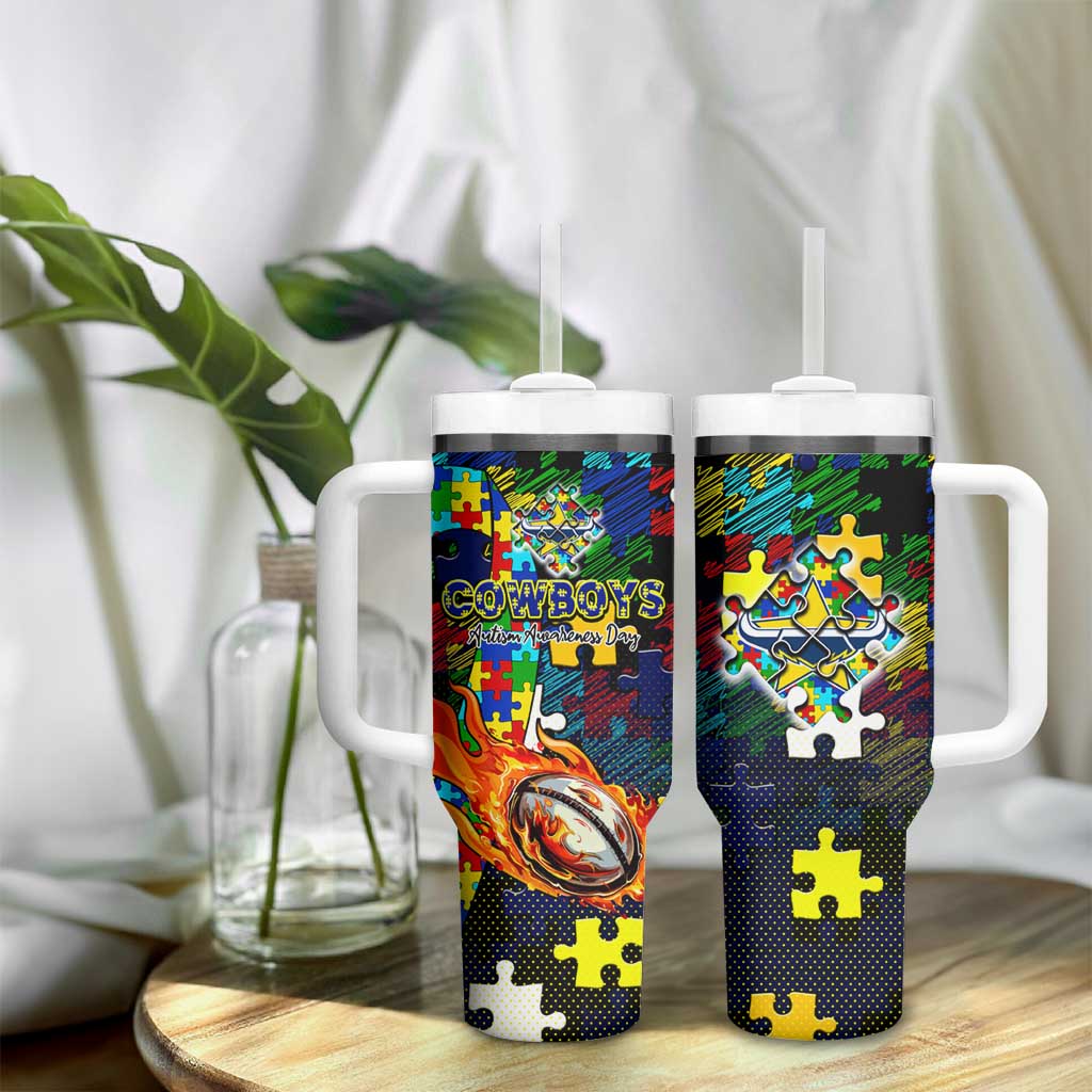 Cowboys Autism Awareness Tumbler With Handle Puzzle Flames Rugby Ball