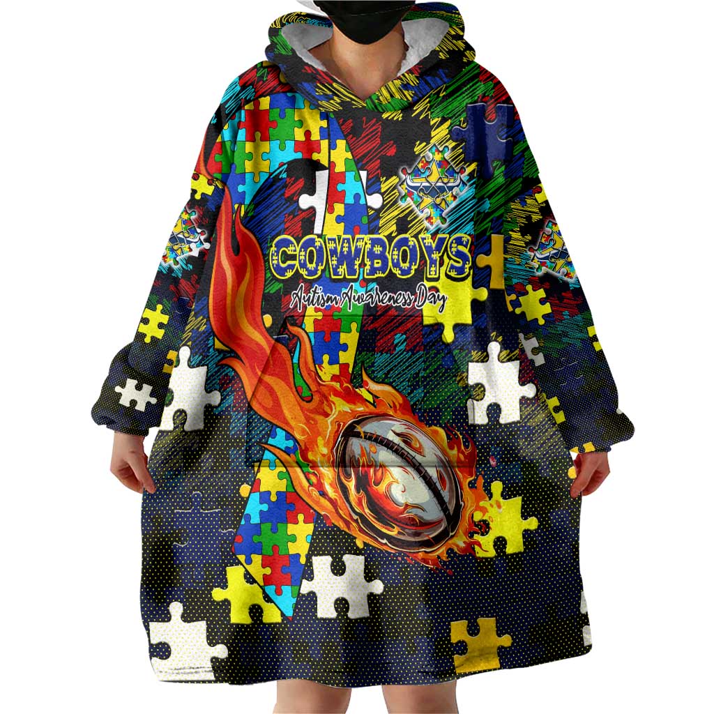 Cowboys Autism Awareness Wearable Blanket Hoodie Puzzle Flames Rugby Ball