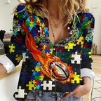 Cowboys Autism Awareness Women Casual Shirt Puzzle Flames Rugby Ball
