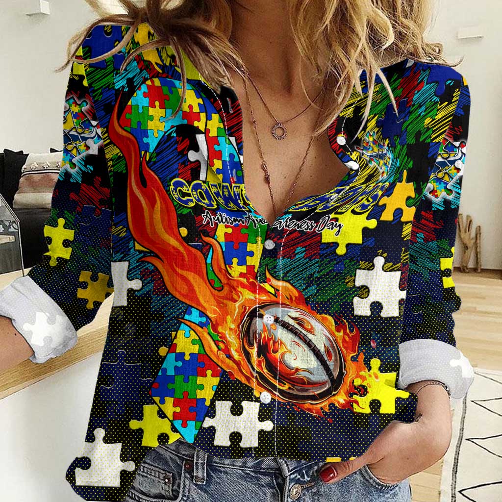 Cowboys Autism Awareness Women Casual Shirt Puzzle Flames Rugby Ball