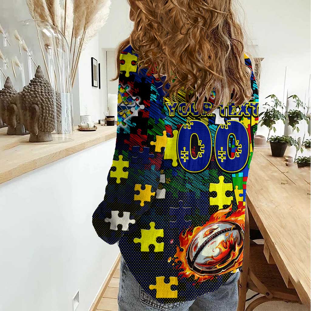 Cowboys Autism Awareness Women Casual Shirt Puzzle Flames Rugby Ball