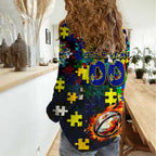 Cowboys Autism Awareness Women Casual Shirt Puzzle Flames Rugby Ball