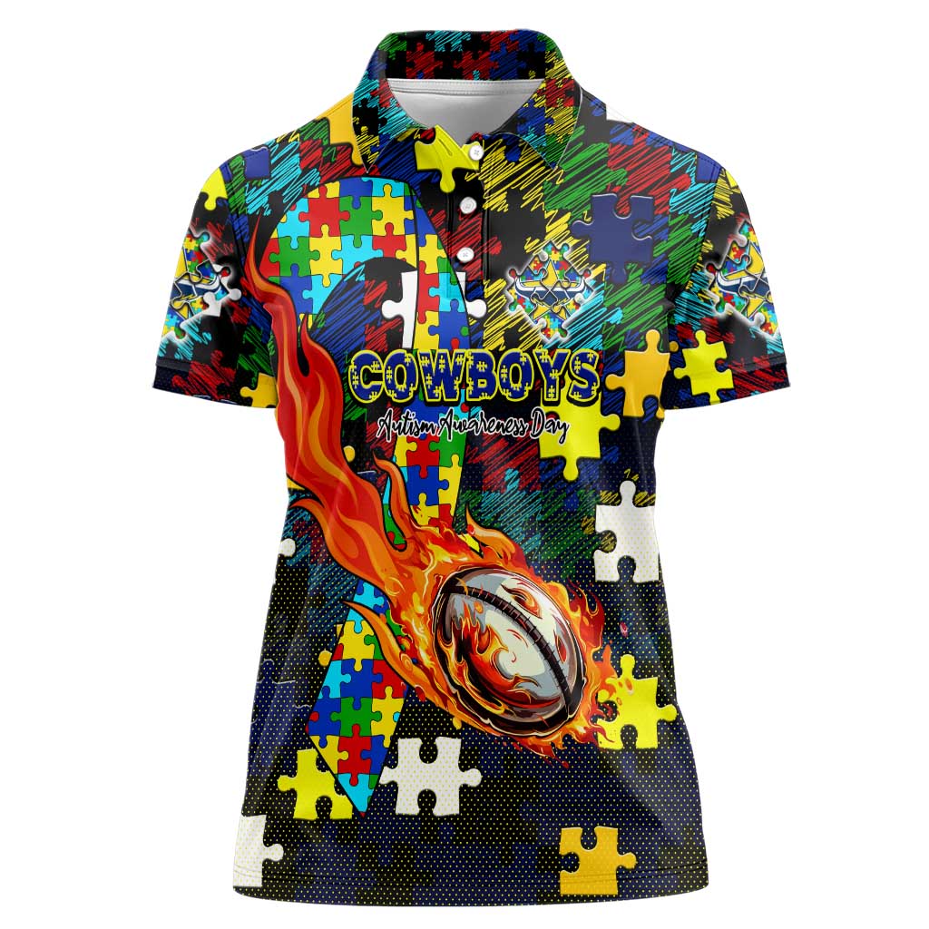 Cowboys Autism Awareness Women Polo Shirt Puzzle Flames Rugby Ball