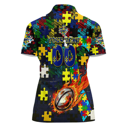 Cowboys Autism Awareness Women Polo Shirt Puzzle Flames Rugby Ball