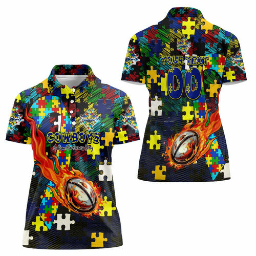 Cowboys Autism Awareness Women Polo Shirt Puzzle Flames Rugby Ball