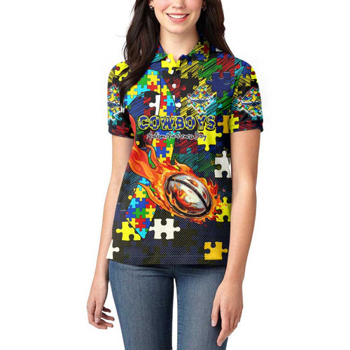 Cowboys Autism Awareness Women Polo Shirt Puzzle Flames Rugby Ball