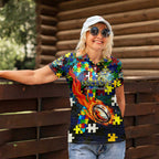 Cowboys Autism Awareness Women Polo Shirt Puzzle Flames Rugby Ball