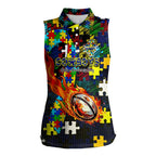 Cowboys Autism Awareness Women Sleeveless Polo Shirt Puzzle Flames Rugby Ball