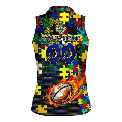 Cowboys Autism Awareness Women Sleeveless Polo Shirt Puzzle Flames Rugby Ball