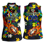 Cowboys Autism Awareness Women Sleeveless Polo Shirt Puzzle Flames Rugby Ball