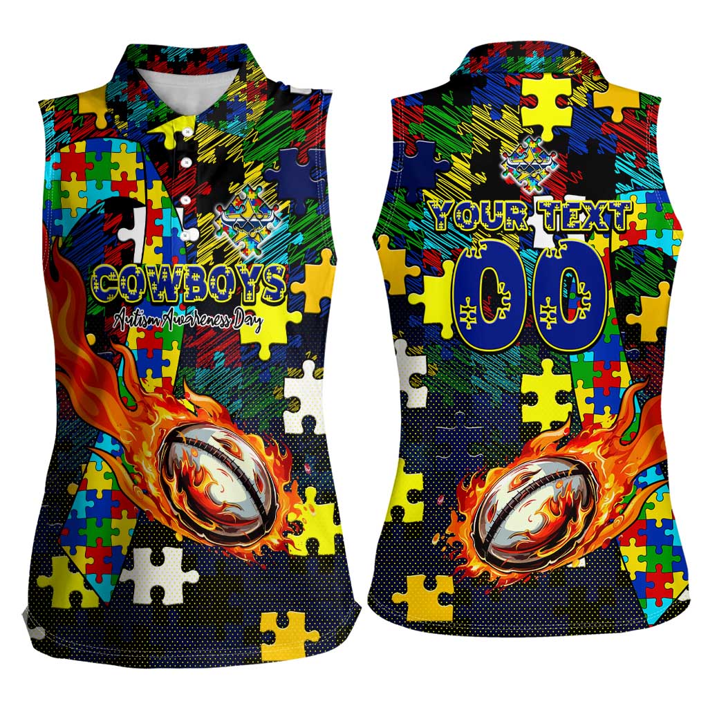 Cowboys Autism Awareness Women Sleeveless Polo Shirt Puzzle Flames Rugby Ball