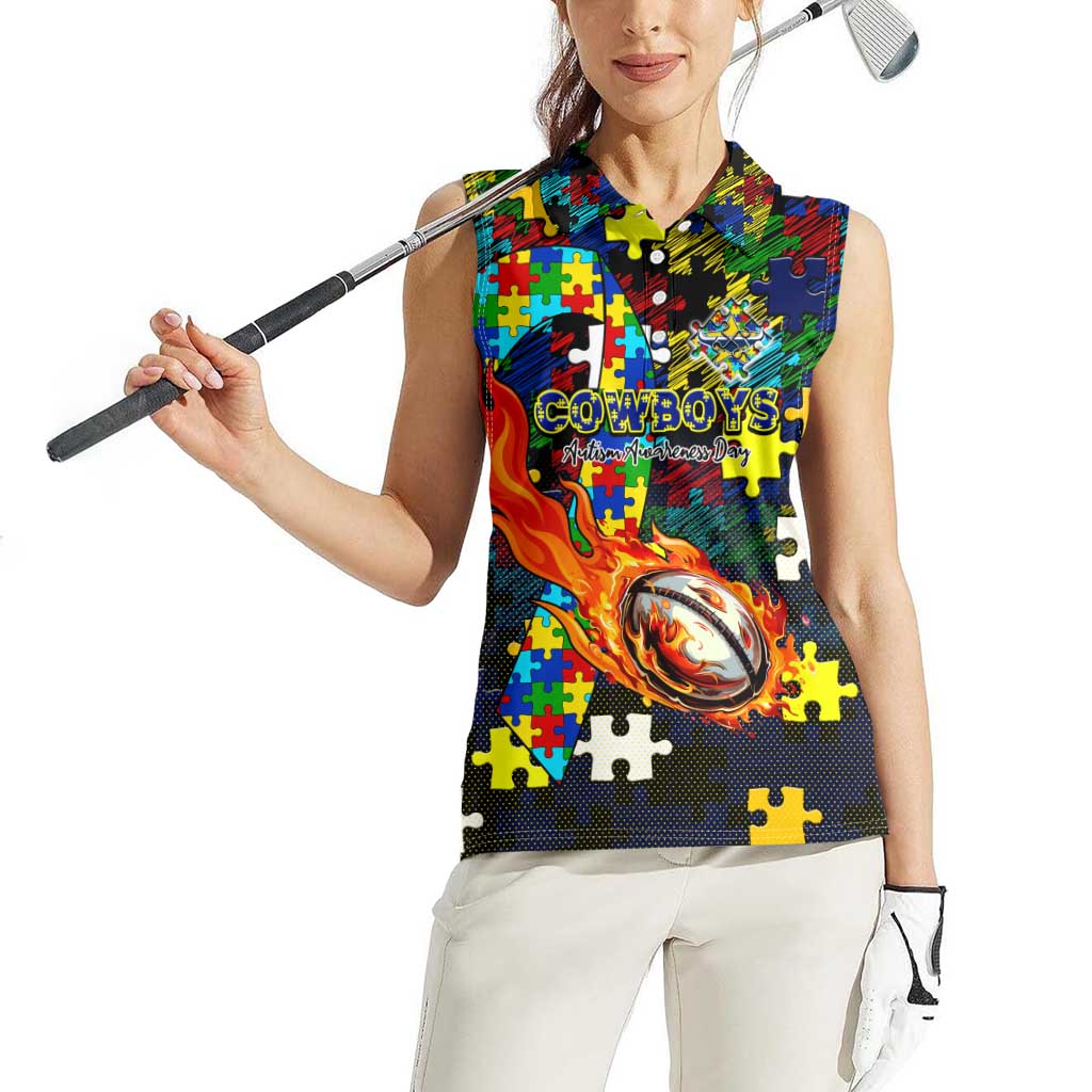 Cowboys Autism Awareness Women Sleeveless Polo Shirt Puzzle Flames Rugby Ball