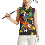 Cowboys Autism Awareness Women Sleeveless Polo Shirt Puzzle Flames Rugby Ball