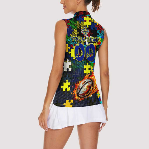 Cowboys Autism Awareness Women Sleeveless Polo Shirt Puzzle Flames Rugby Ball