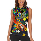 Cowboys Autism Awareness Women Sleeveless Polo Shirt Puzzle Flames Rugby Ball