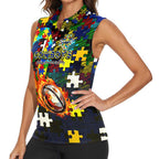 Cowboys Autism Awareness Women Sleeveless Polo Shirt Puzzle Flames Rugby Ball