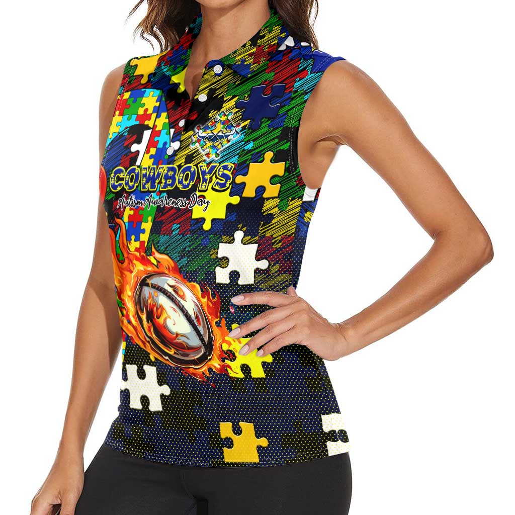Cowboys Autism Awareness Women Sleeveless Polo Shirt Puzzle Flames Rugby Ball