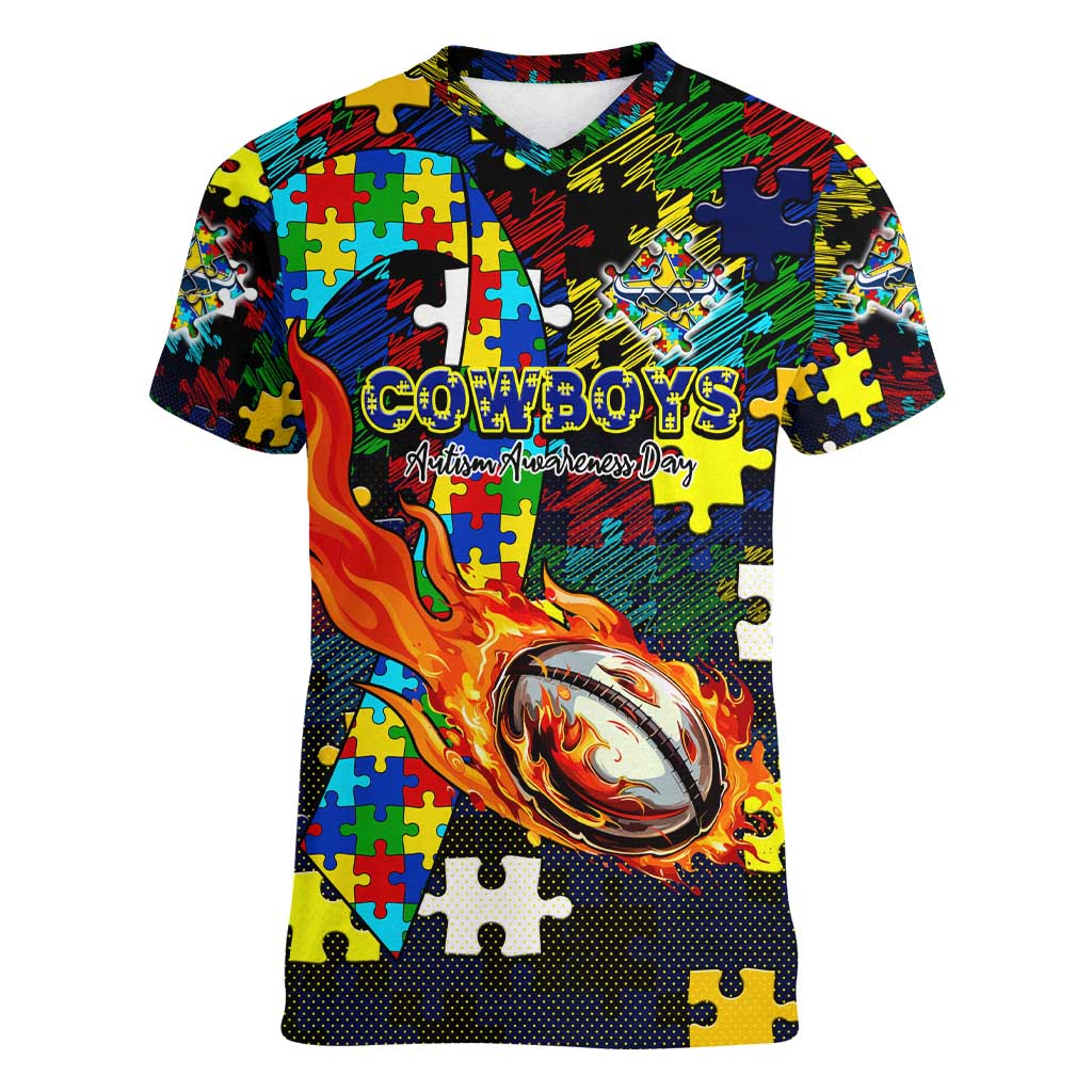 Cowboys Autism Awareness Women V-Neck T-Shirt Puzzle Flames Rugby Ball