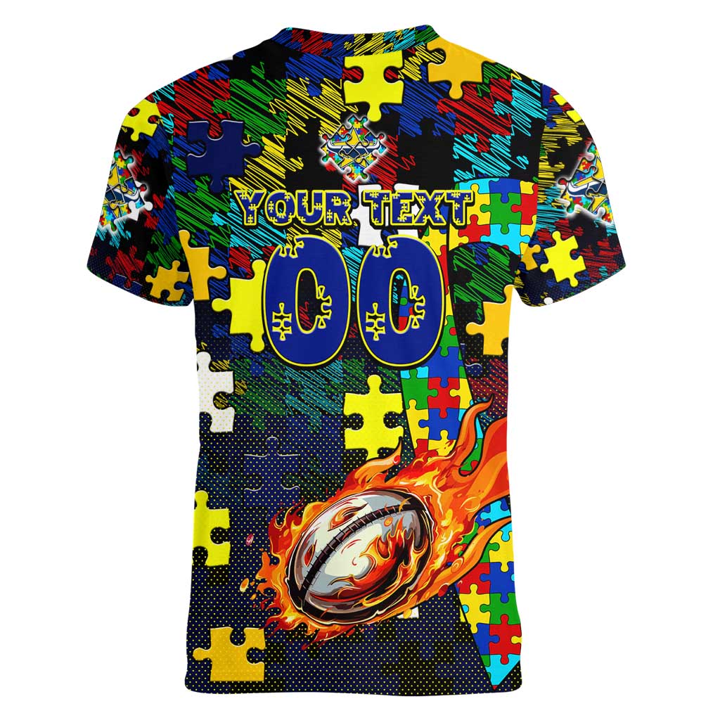 Cowboys Autism Awareness Women V-Neck T-Shirt Puzzle Flames Rugby Ball