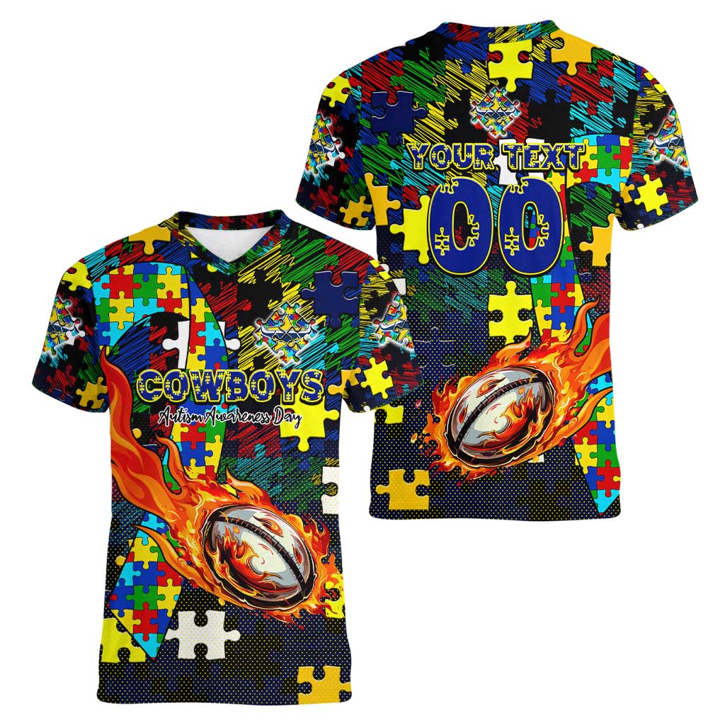 Cowboys Autism Awareness Women V-Neck T-Shirt Puzzle Flames Rugby Ball