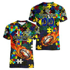 Cowboys Autism Awareness Women V-Neck T-Shirt Puzzle Flames Rugby Ball