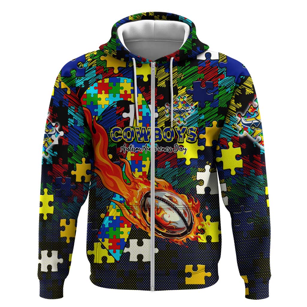 Cowboys Autism Awareness Zip Hoodie Puzzle Flames Rugby Ball