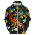 Cowboys Autism Awareness Zip Hoodie Puzzle Flames Rugby Ball