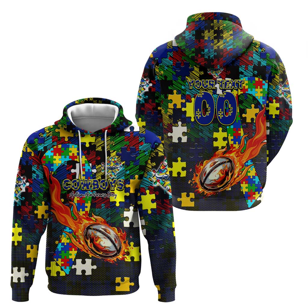 Cowboys Autism Awareness Zip Hoodie Puzzle Flames Rugby Ball
