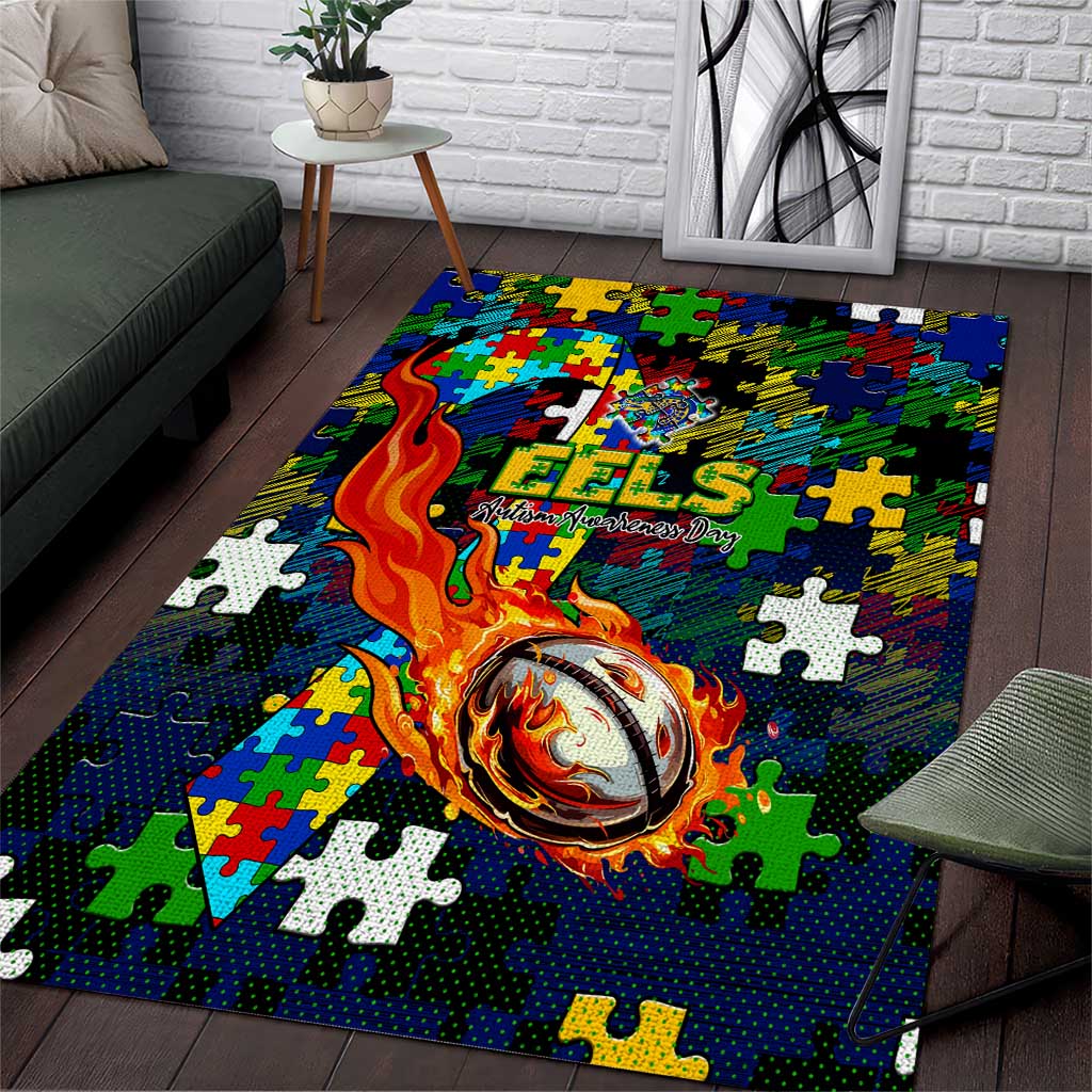 Eels Autism Awareness Area Rug Puzzle Flames Rugby Ball