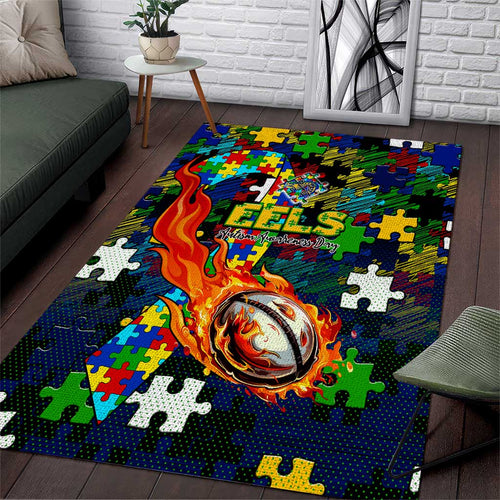 Eels Autism Awareness Area Rug Puzzle Flames Rugby Ball