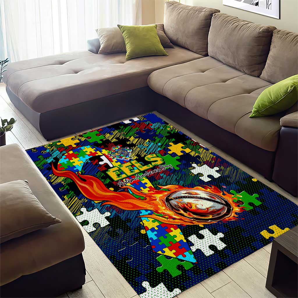 Eels Autism Awareness Area Rug Puzzle Flames Rugby Ball
