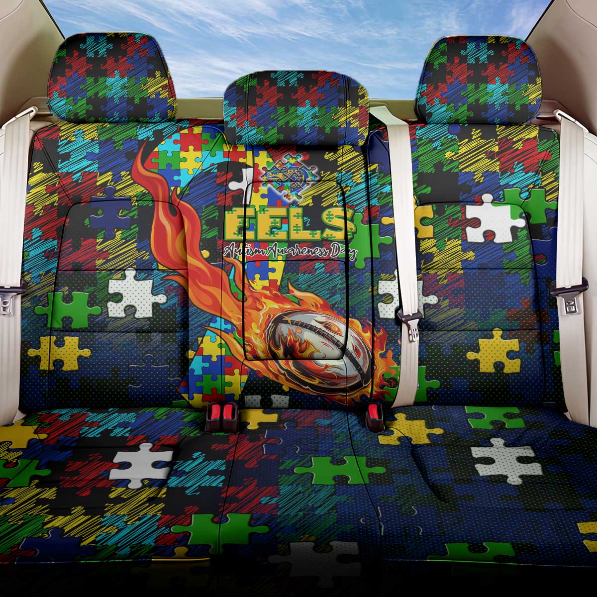 Eels Autism Awareness Back Car Seat Cover Puzzle Flames Rugby Ball