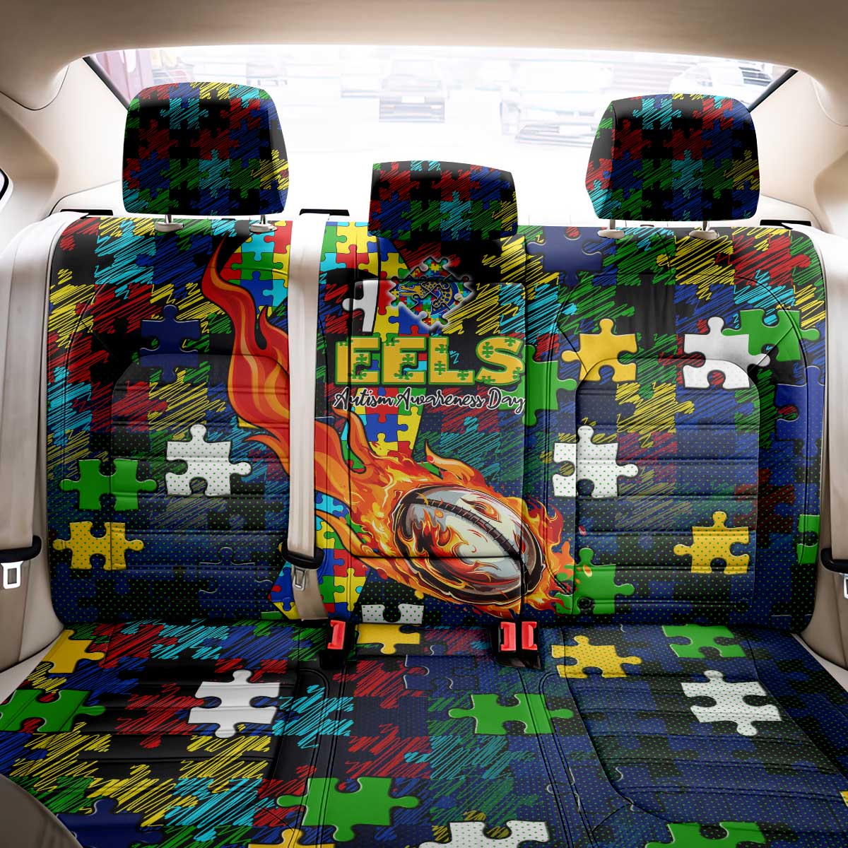 Eels Autism Awareness Back Car Seat Cover Puzzle Flames Rugby Ball