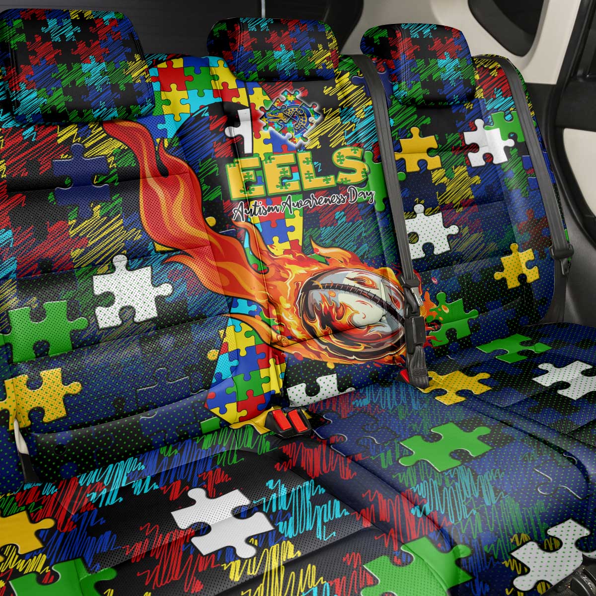 Eels Autism Awareness Back Car Seat Cover Puzzle Flames Rugby Ball