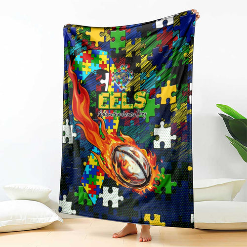 Eels Autism Awareness Blanket Puzzle Flames Rugby Ball