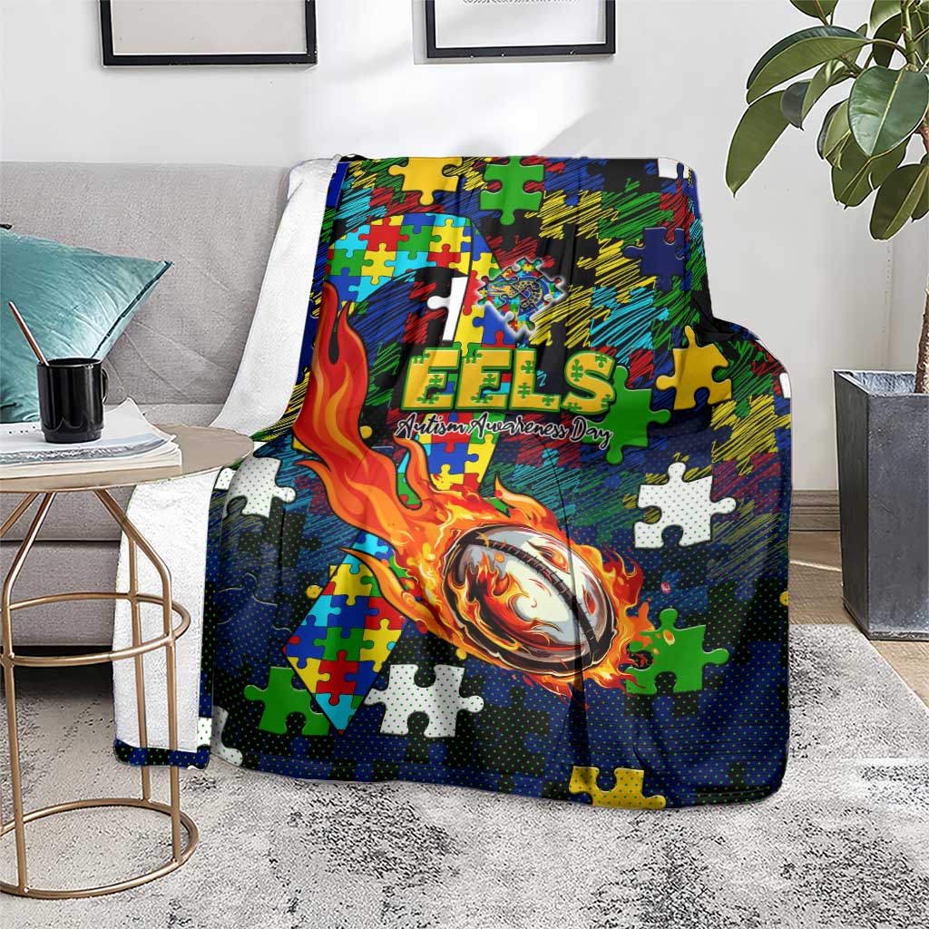Eels Autism Awareness Blanket Puzzle Flames Rugby Ball