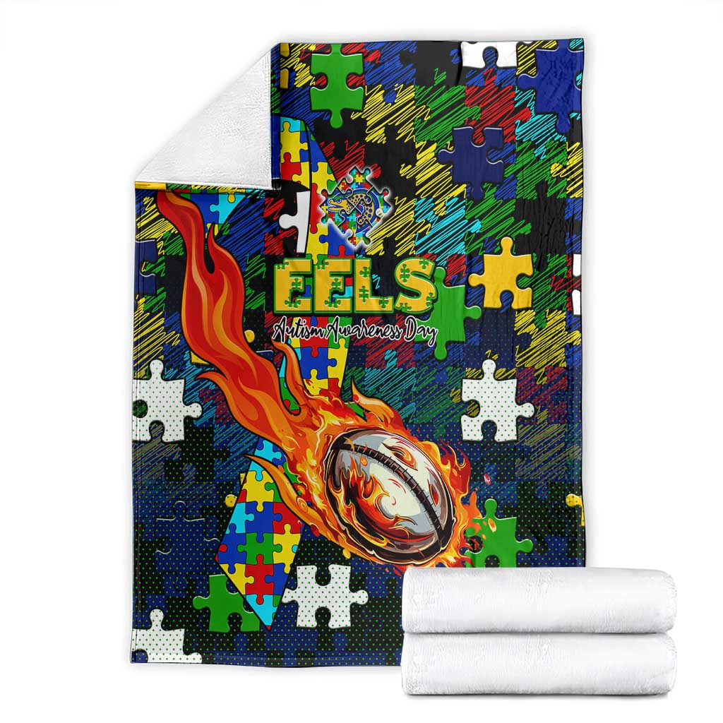 Eels Autism Awareness Blanket Puzzle Flames Rugby Ball
