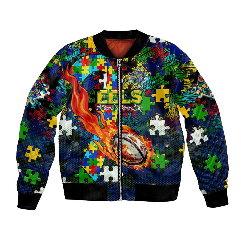Eels Autism Awareness Bomber Jacket Puzzle Flames Rugby Ball
