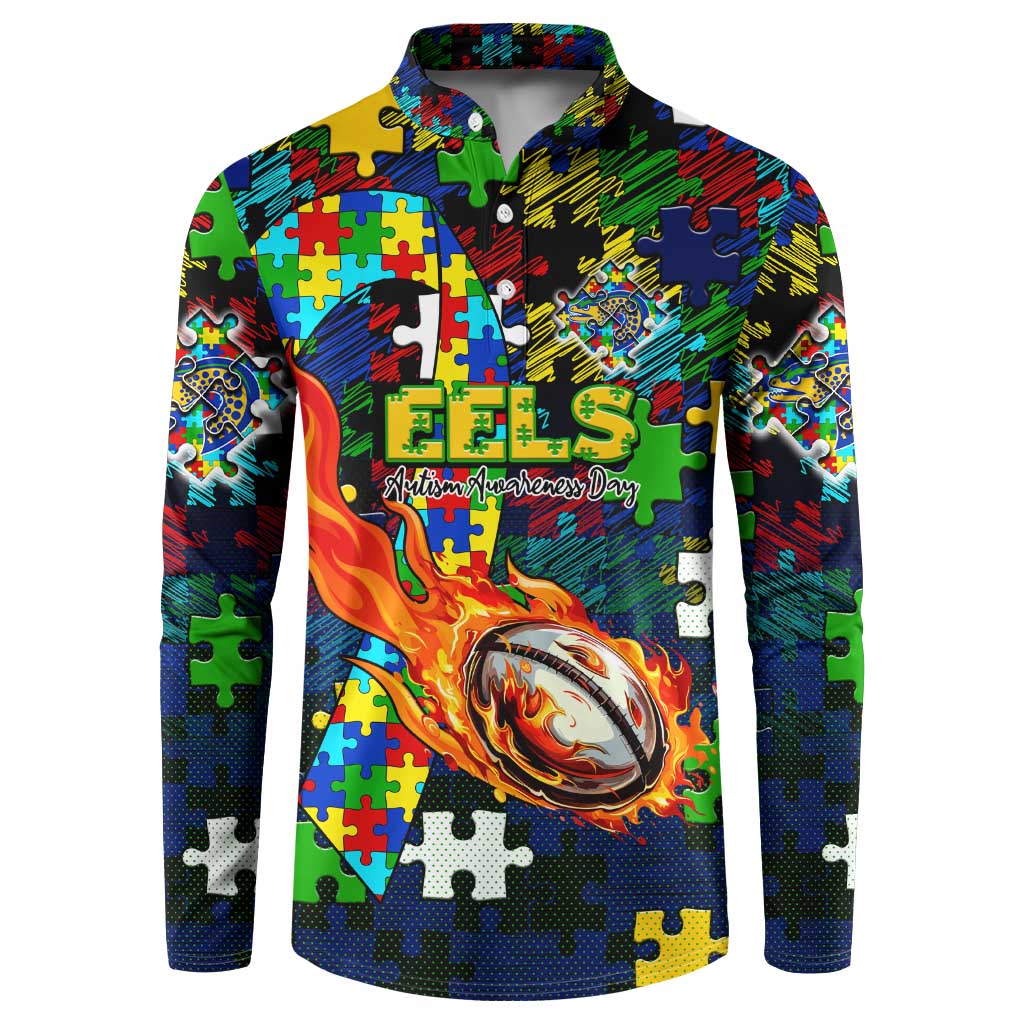 Eels Autism Awareness Button Sweatshirt Puzzle Flames Rugby Ball
