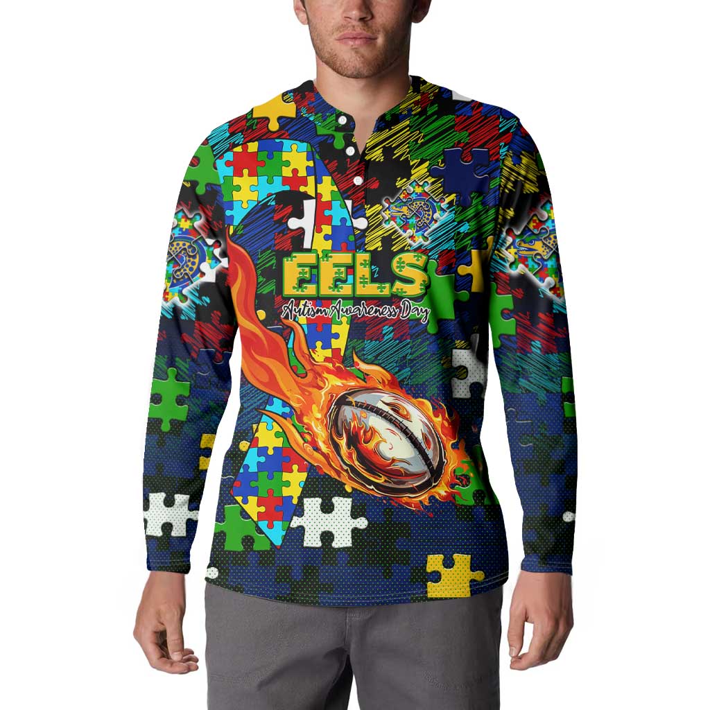 Eels Autism Awareness Button Sweatshirt Puzzle Flames Rugby Ball