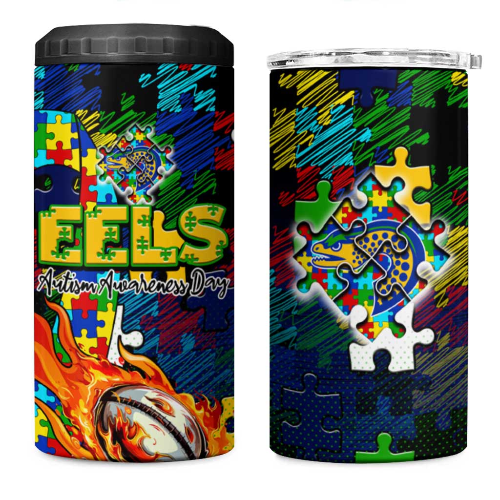 Eels Autism Awareness 4 in 1 Can Cooler Tumbler Puzzle Flames Rugby Ball
