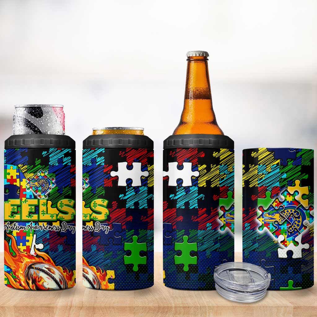 Eels Autism Awareness 4 in 1 Can Cooler Tumbler Puzzle Flames Rugby Ball